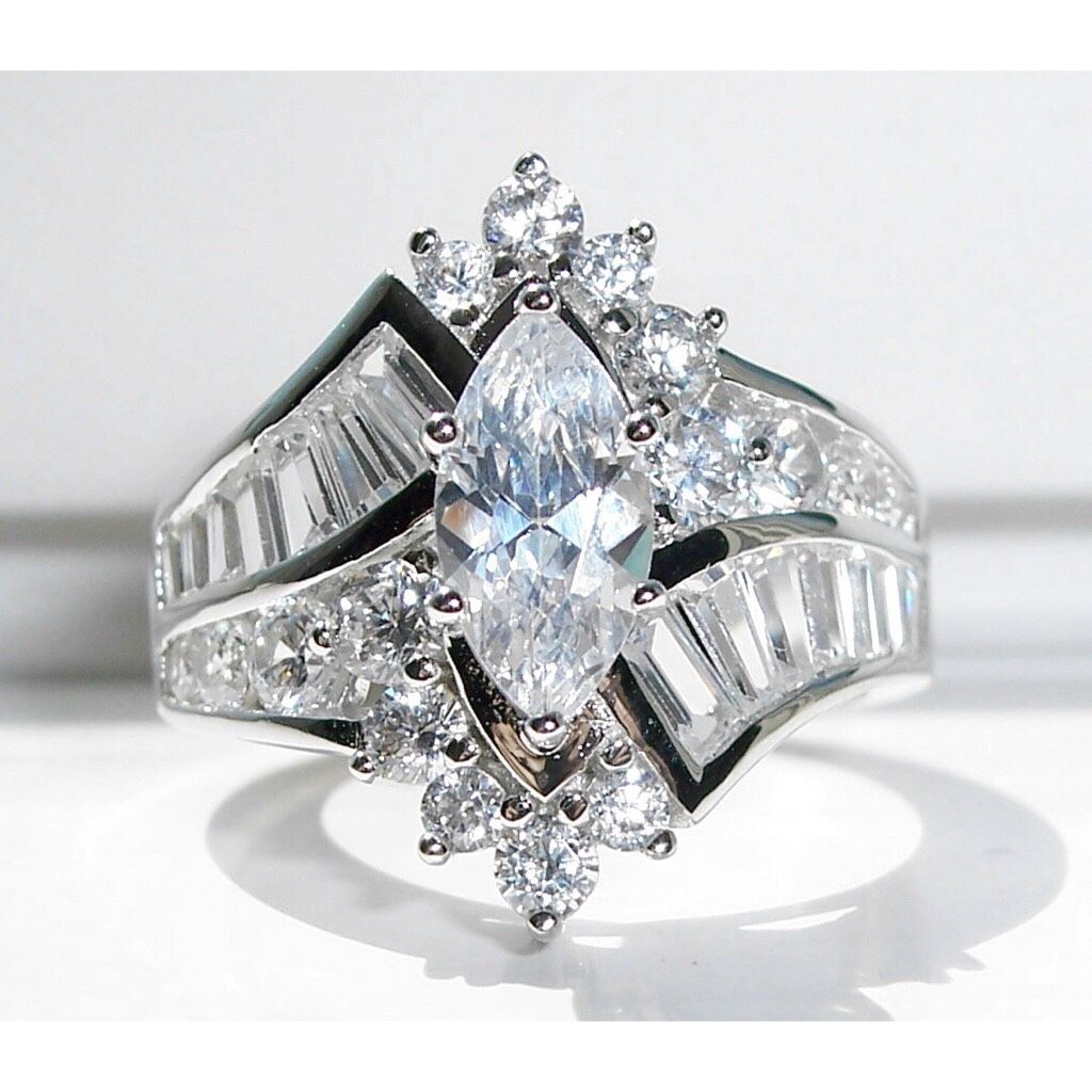 Size 7, 925 Sterling Silver Marquise &Baguette CZ Cocktail Ring