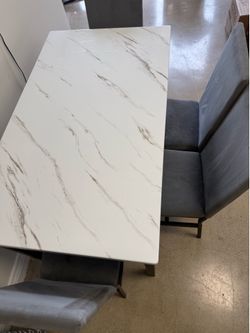Modern Faux Marble Dining Table Set w/ 4 Gray Chairs – 48” x 30”
