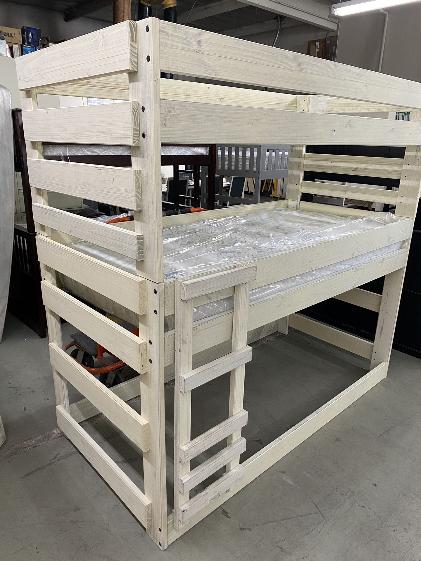 Farmhouse Style Triple Decker XL Twin Antique White Wood Bunk Bed With 3 Mattresses