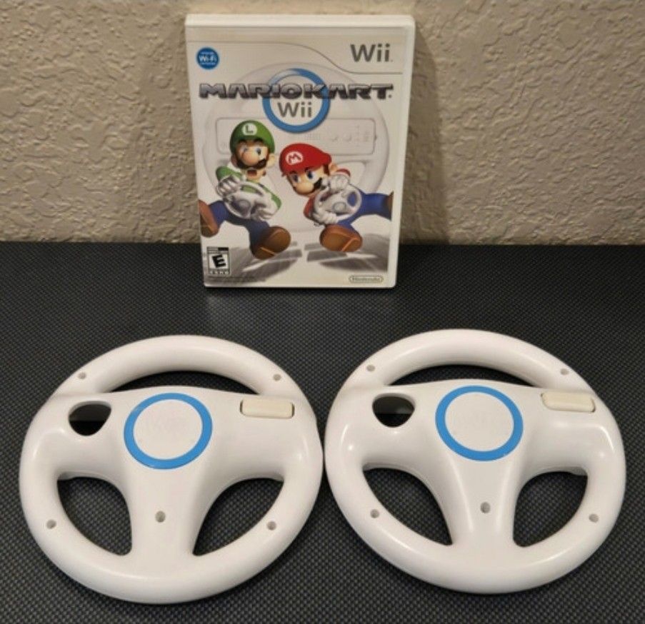 Nintendo Wii Mario Kart Wii Game Complete In box with 2 Steering Wheels