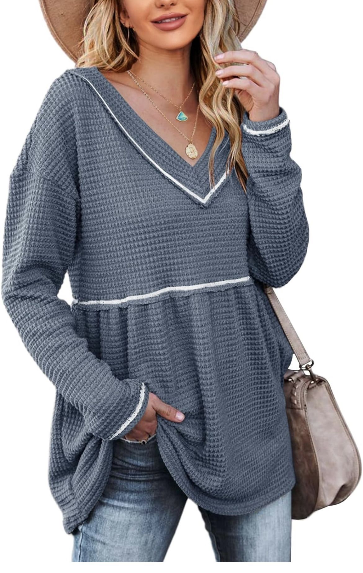 Women's Waffle V Neck Tunic Pullover Sweaters