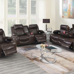 Brand New Brown Leather Power Reclining 3pc Sofa Set 