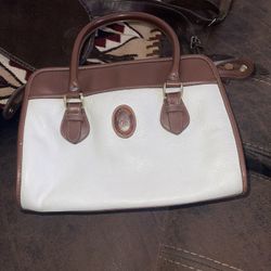 Vintage Carriage House White And Brown Leather Purse Classic Style Satchel. 