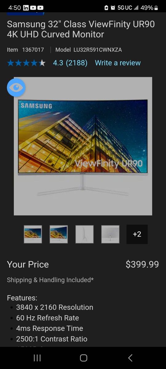 Used Samsung 32 Inch UR90 4K UHD Curved Monitor