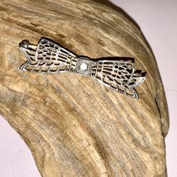Vintage Sterling Silver Filigree Bow Bar Brooch Pin Clear Stone