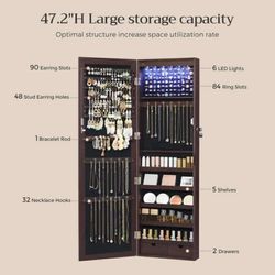 6 LEDS Tall Lockable Wall or Door Mounted Jewelry Armoire Organizer with Mirror