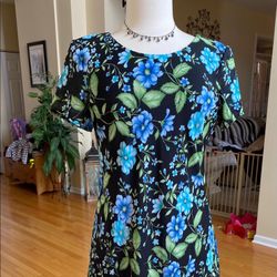 White Stag Black Floral Print Women's Dress with Blue Flowers Large