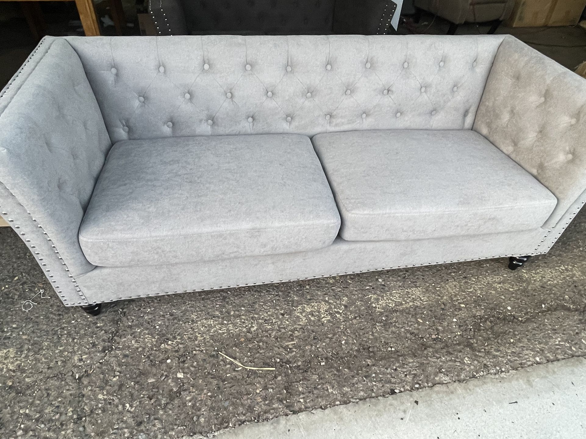 AKIN Light Grey Three Seat Nailhead Sofa