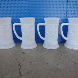 Tiara Indiana Milk Glass 4 Opaque White German 12 oz Beer Steins Mugs Tankards