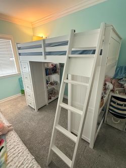 LUCA TWIN SLEEP AND STUDY LOFT BED -White Wood Loft Bed with Dresser, Desk & Shelves