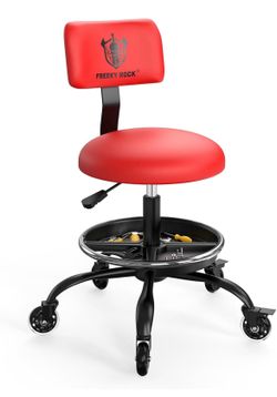 Rolling Shop Stool with Wheels, Garage Mechanic Stool Chair with Backrest, Height Adjustable Heavy Duty Swivel Task Chair, Adjustable Footrest with St