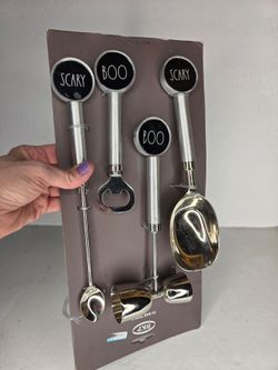 Halloween Stainless Steel Silver Bar Tool Set Boo Scary Rae Dunn Font