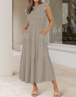 Sizes L Summer Casual Flutter Short Sleeve Crew Neck Smocked Elastic Waist Tiered Midi Dress