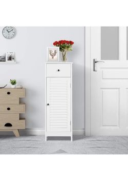 Bathroom Floor Storage Cabinet, Freestanding Side Table Storage Organizer Unit with Drawer and Single Shutter Door, L12.6xW12xH34.5 Inches