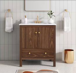 30 in. Single Sink Freestanding Bathroom Vanity in Walnut with White Engineered Marble Top (Assembled)