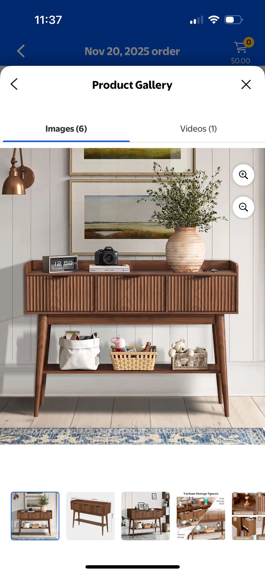 New In Box Fluted Walnut Console Table