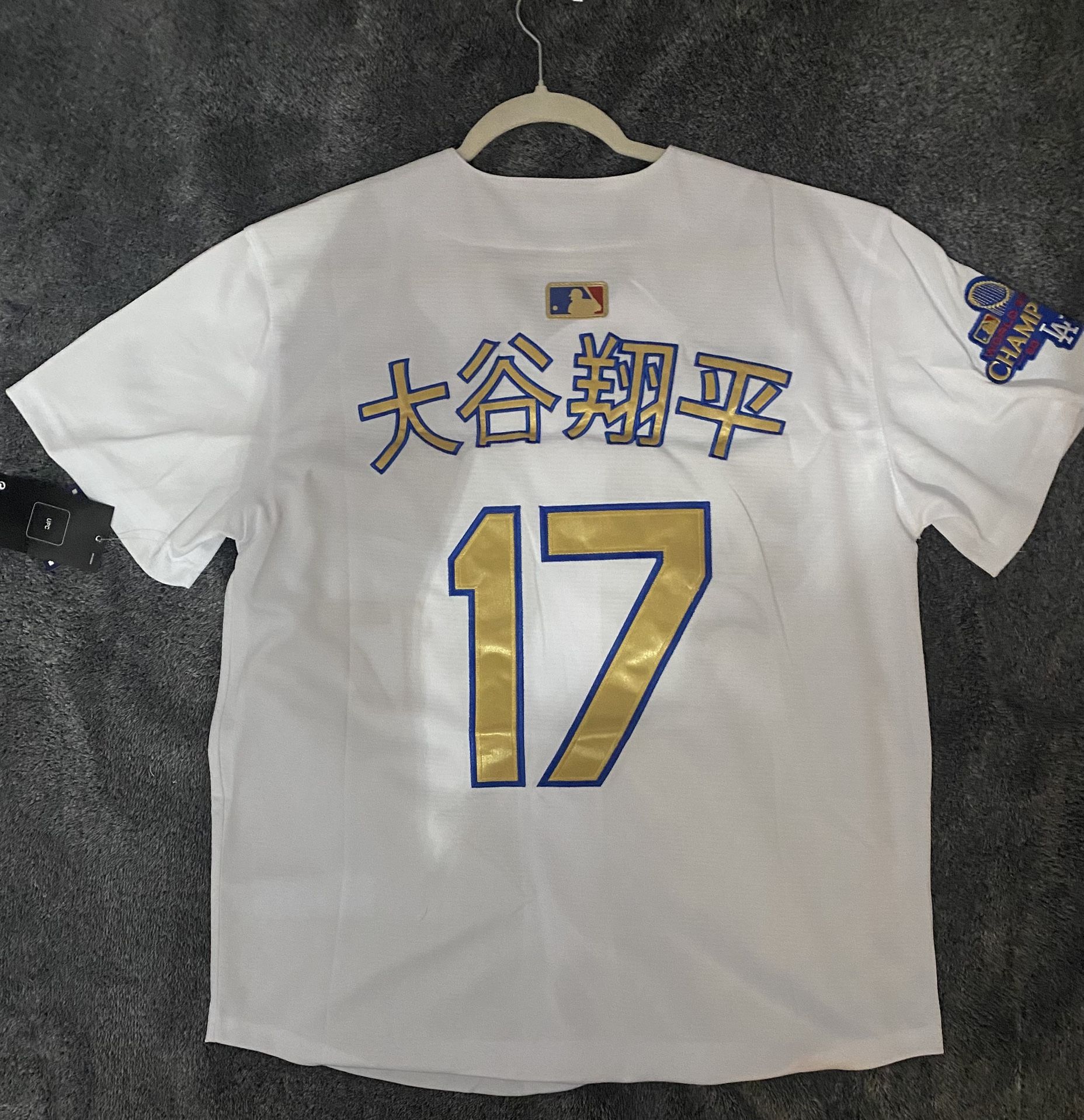 White Gold Blue Outline Stitched Los Angeles Dodgers Shohei Ohtani Championship Jersey *Japanese kanji*