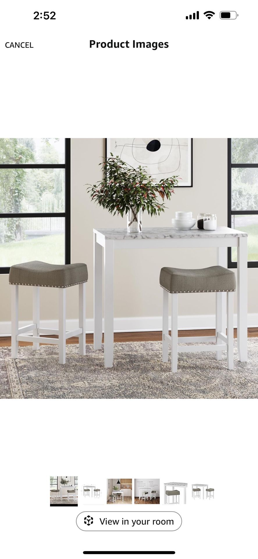 Nathan James Viktor 3 Piece Dining Set, Heigh Kitchen Counter Pub or Breakfast Table with Marble Top and Fabric Wood Base Seat, Light Gray/White