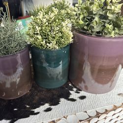 3 Fake Plants With Glass Pots