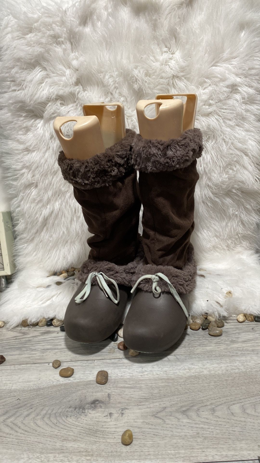 Crocs brown tall fur/suede boots light blue accents, size 9