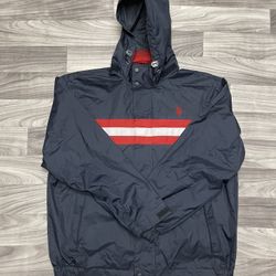 U.S. Polo Assn. Men’s XL Navy & Red Colorblock Hooded Windbreaker Jacket – Excellent Condition