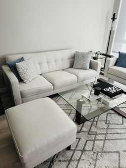 White Fabric Sofa, Loveseat and Ottoman