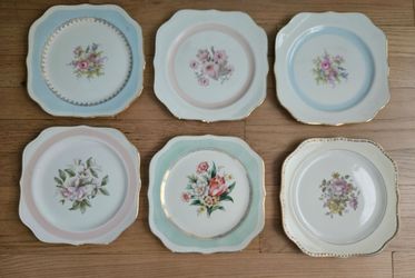 Set of 6 Vintage "Eggshell" Floral Porcelain Side Plates