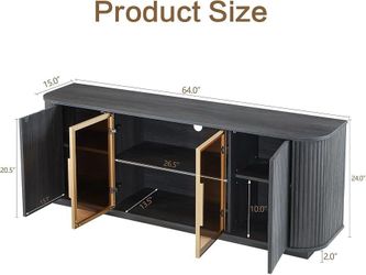 Black Fluted TV Stand, 64 Inch Modern Media Console with Glass Doors and LED Lights, Press-to-Open Sideboard Cabinet with Adjustable Shelf for Living 