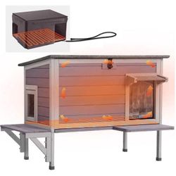 Wooden Heated Cat House with Heated Pad, Outdoor Cat Shelter with Liner Inside, Waterproof Feral Cat House