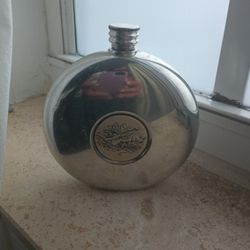 English Sheffield Pewter Flask With Mountain Scene


