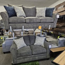 Brand  Sofa And Love Seat Solid Wood Grey Fabric W Pillows Included $1299
