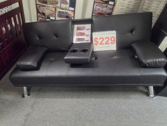 Black Faux Leather Sofa Futon with Cup Holders