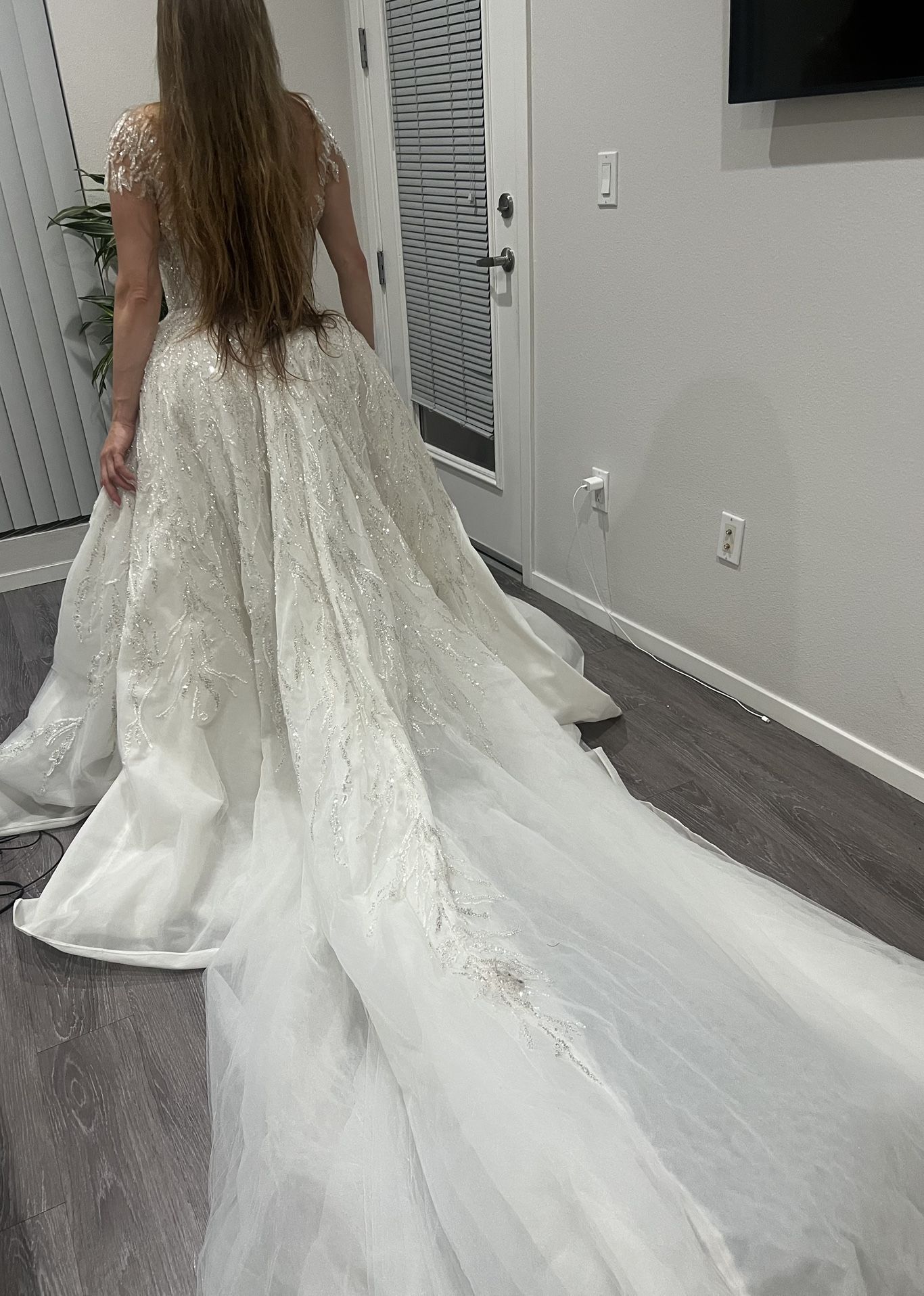 Embroidered Lace Wedding Dress with Sheer Overlay and Train Custom Made