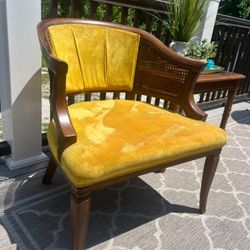 BARREL BACK VINTAGE CANE ARM CHAIR GOLD VELVET UPHOLSTERED SEAT