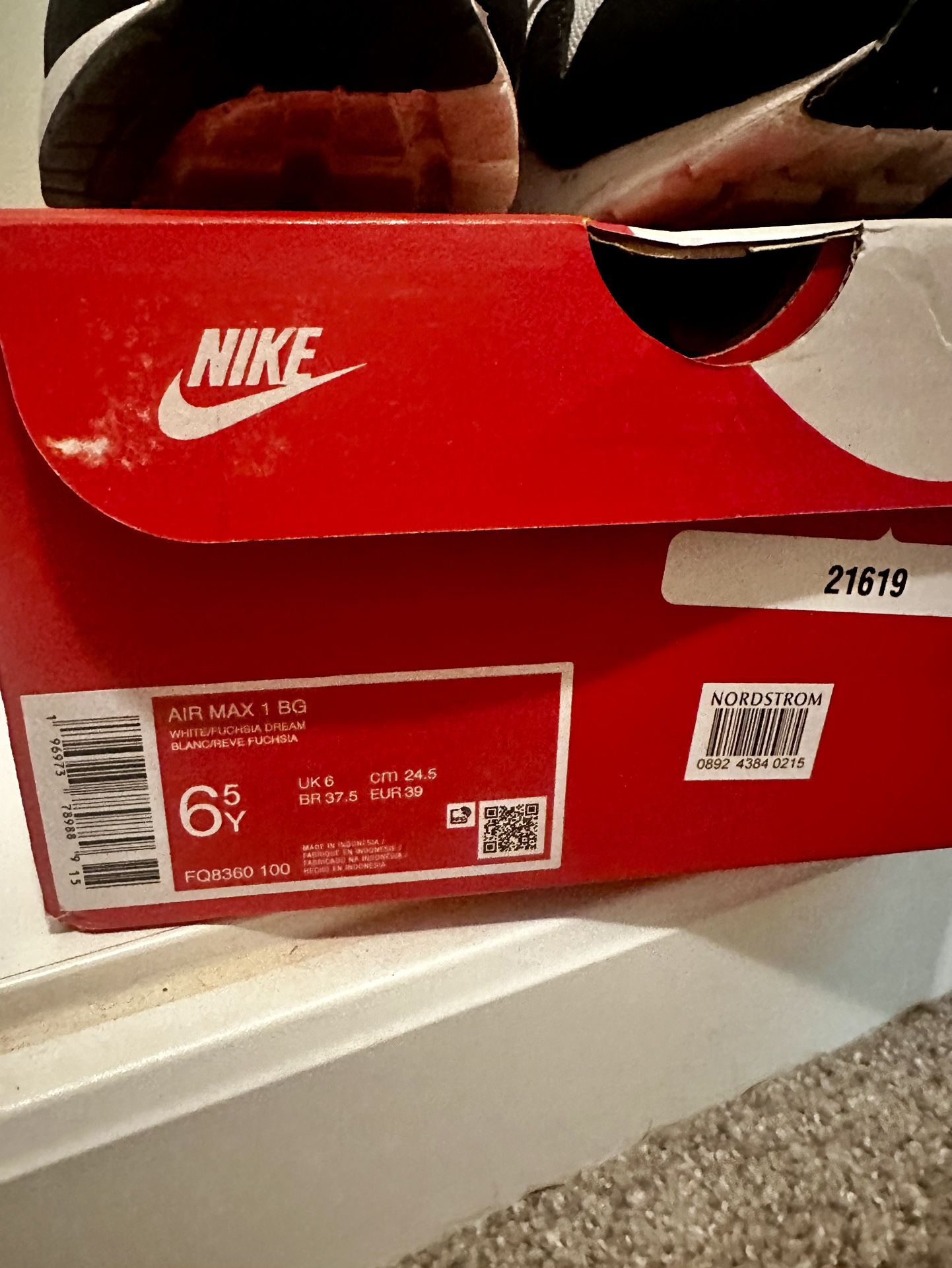 Nike Air Max 1 BG (GS 6.5Y / Women’s 8) – White / Fuchsia Dream