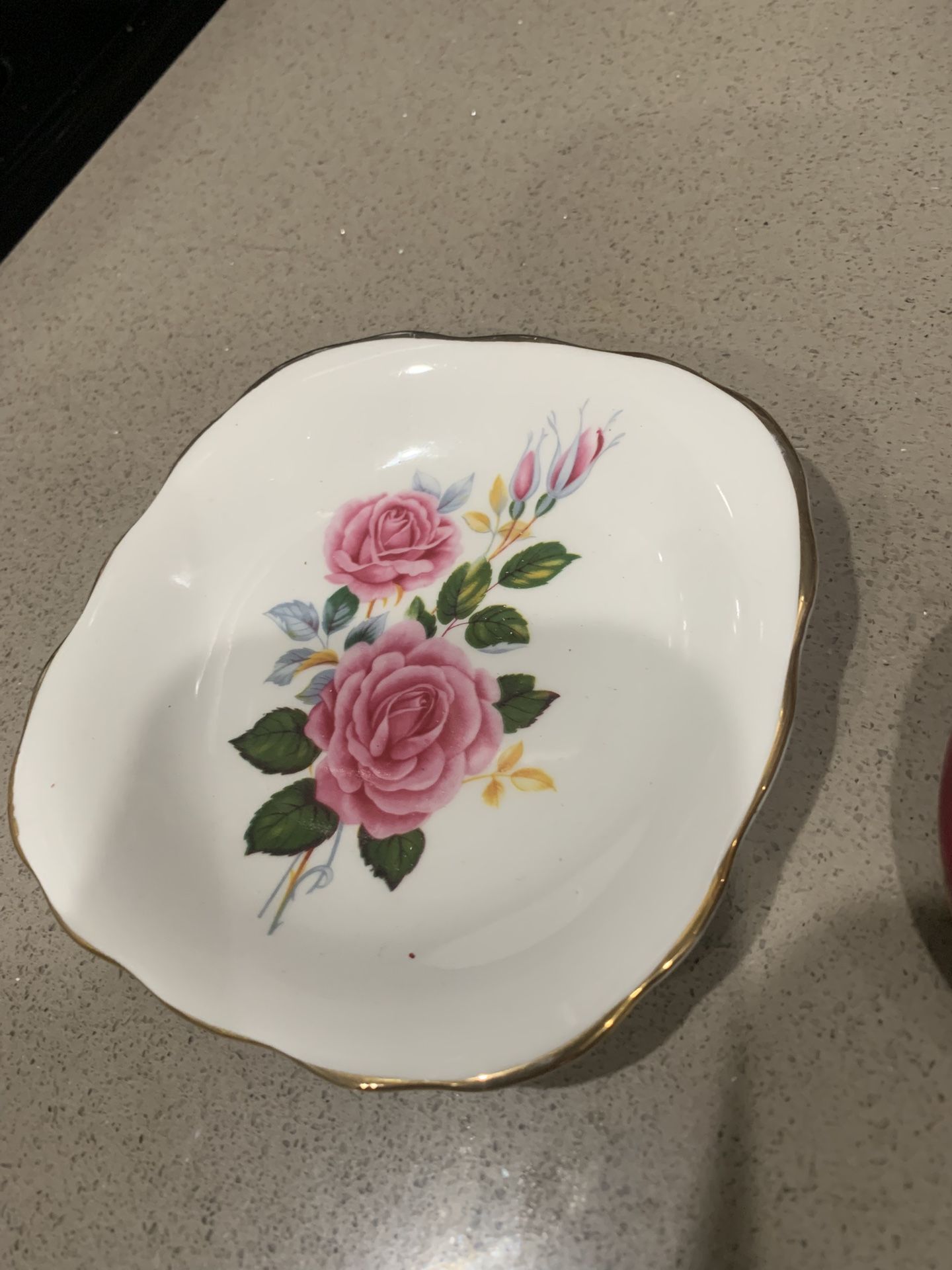 vintage Royal Dover bone china saucer with a pink rose floral pattern and gold trim