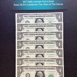 7 Lucky $1 dollar bills All with 8’s Fancy Numbers