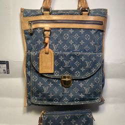 Authentic Louis Vuitton Monogram Denim Flat Shopper Tote Bag Hand Bag M95018