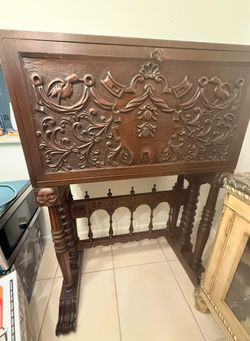Antique Carved Wood Cabinet on Stand