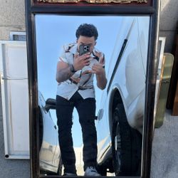 Antique Asian Mirror with Hand-Carved Gilded Battle Scene – Solid Wood Frame