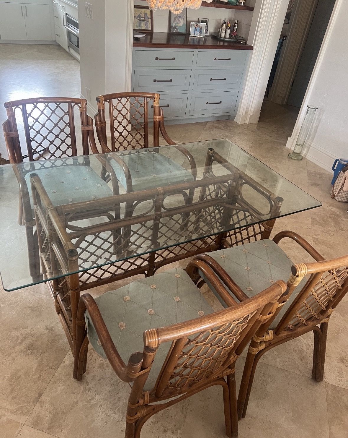 Dining Room Glass-Top Table & 4 Rattan Chairs 