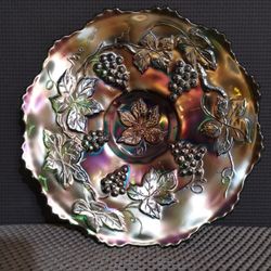 Vintage Iridescent Carnival Glass Ruffled Edge Grape & Leaves Pattern Plate