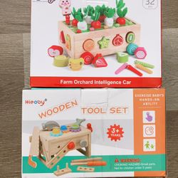 Montessori kid toys- wooden tool set and farm orchard intelligence car