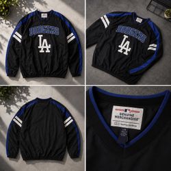 MLB Dodgers black windbreaker with blue stripes and white stripes on sleeves, size L #baseball #dodgers