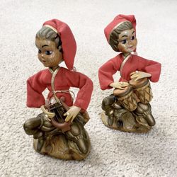 SET OF 2 ~ Vintage 1950s TILSO Pixie Elf Figurines Playing Instruments HONG KONG
