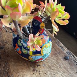 Talavera pottery chicken/ with succulent plant