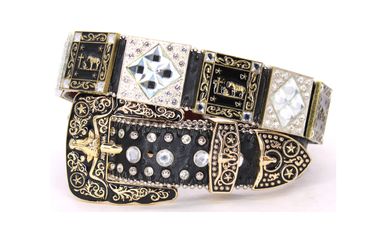 
West Star Texas Western Belt Rhinestone Longhorn Cowboy Prayer Oración del Vaquero Bull Rider Jinete de Toros Gold Black for Pants 28 30 32 34 36 38