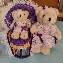 Vintage Couple of Teddy Bears & Satin Clothing on Wicher Chair Collectible Kendall area