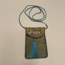 Traditional Chinese Embroidered Silk Mini Pouch Bag Floral Tassel Green/Blue