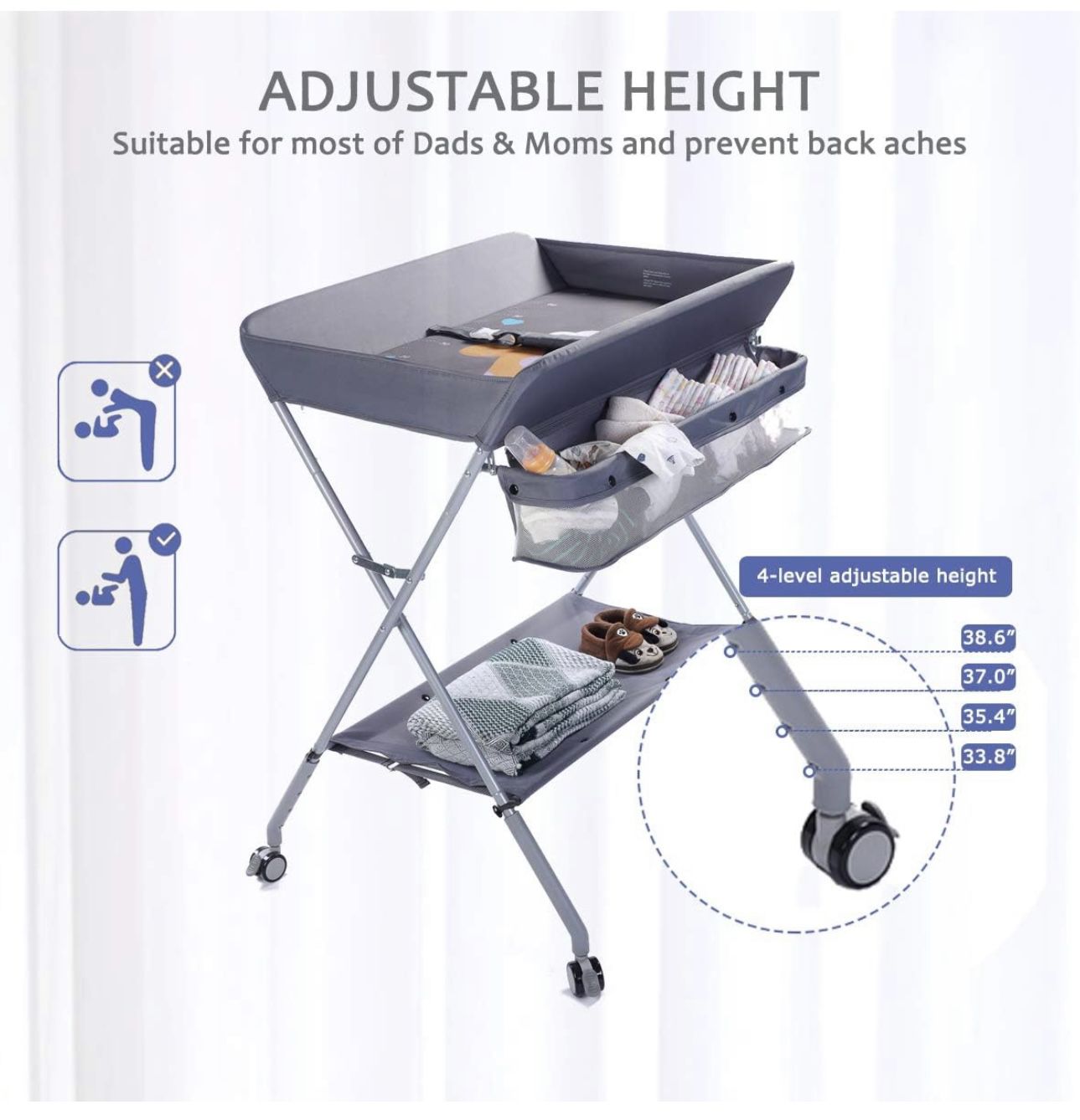Babylicious Baby Portable Changing Table - Foldable Changing Table with Wheels - Portable Diaper Changing Station - Adjustable Height Baby Changing Ta